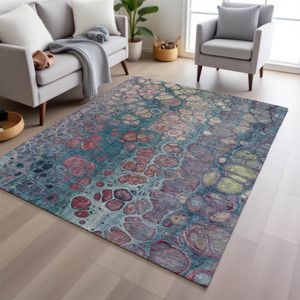 5' X 8' Teal Blue And Plum Abstract Washable Indoor Outdoor Area Rug