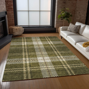 3' X 5' Olive Green Gold And Brown Plaid Washable Indoor Outdoor Area Rug