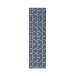 8' Blue And Ivory Geometric Indoor Outdoor Runner Rug