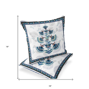 Set of Two 16" X 16" Blue and Off White Botanical Indoor Outdoor Throw Pillow - 606114847779
