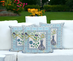 Set of Three 16" X 16" Gray and White Peacock Blown Seam Floral Indoor Outdoor Throw Pillow Polyester