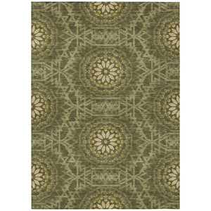 5' X 8' Olive Green Artichoke Green And Gold Floral Medallion Washable Indoor Outdoor Area Rug