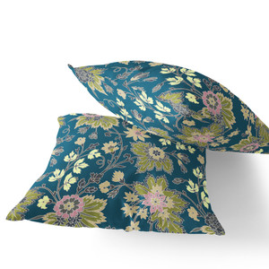 Set of Two 16" X 16" Green and Yellow Blown Seam Floral Indoor Outdoor Throw Pillow - 606114818618