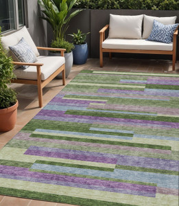 5' X 8' Moss Green Olive Green And Purple Striped Washable Indoor Outdoor Area Rug