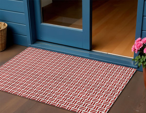 3' X 5' Red And Ivory Geometric Washable Indoor Outdoor Area Rug - Red, Ivory