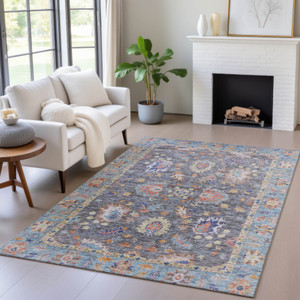 5' X 8' Gray And Denim Blue Floral Washable Indoor Outdoor Area Rug