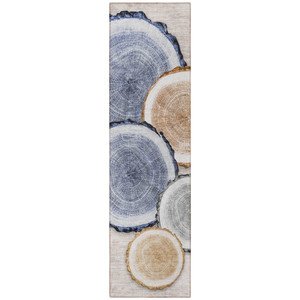 8' Beige Blue And Gold Faux Bois Washable Indoor Outdoor Runner Rug