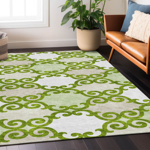 3' X 5' Lime Green And Ivory Trellis Washable Indoor Outdoor Area Rug