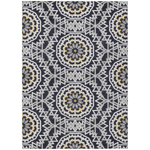 3' X 5' Black Ivory And Gray Floral Medallion Washable Indoor Outdoor Area Rug