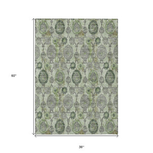 3' X 5' Artichoke Green And Fern Green Damask Washable Indoor Outdoor Area Rug