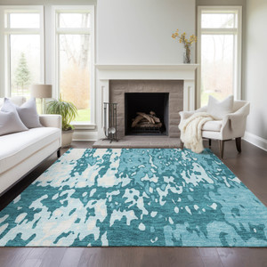 3' X 5' Teal Blue And Ivory Abstract Washable Indoor Outdoor Area Rug Transitional Style - Teal Blue, Ivory Color