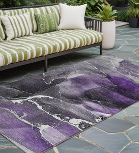 8' Runner Gray and Purple Abstract Washable Non Skid Indoor Outdoor Runner Rug