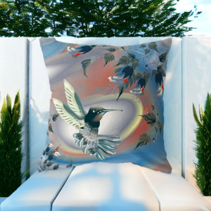 18" X 18" Blue and Gray Bird Blown Seam Floral Indoor Outdoor Throw Pillow - 606114821533