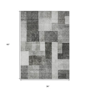 3' X 5' Pewter And Black Geometric Washable Indoor Outdoor Area Rug