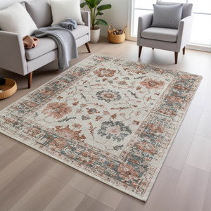 3' X 5' Linen And Ivory Floral Washable Indoor Outdoor Area Rug