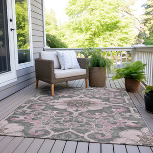 5' X 8' Pink And Charcoal Damask Washable Indoor Outdoor Area Rug