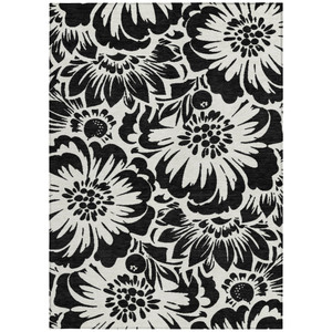 3' X 5' Black and Ivory Floral Washable Non Skid Indoor Outdoor Area Rug