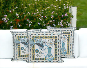 Set of Three 16" X 16" Black and White Peacock Blown Seam Floral Indoor Outdoor Throw Pillow Polyester