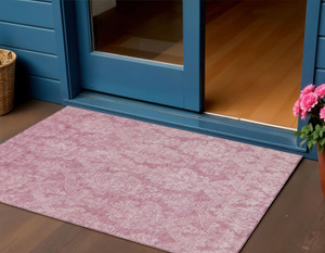 3' X 5' Pink And Ivory Damask Washable Indoor Outdoor Area Rug - Pink, Ivory