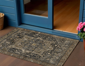 3' X 5' Brown Medallion Washable Indoor Outdoor Area Rug