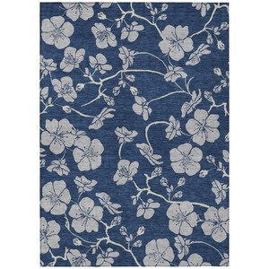 5' X 8' Navy Blue And Gray Floral Washable Indoor Outdoor Area Rug - Navy Blue, Gray