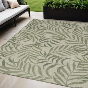 5' X 7' Ivory And Green Palm Leaf Indoor Outdoor Area Rug