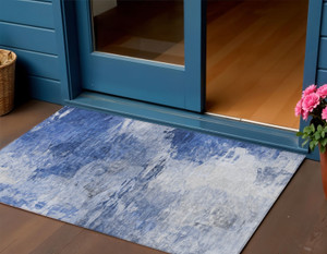 3' X 5' Denim Blue And Sky Blue Abstract Washable Indoor Outdoor Area Rug - Denim Blue, Sky Blue