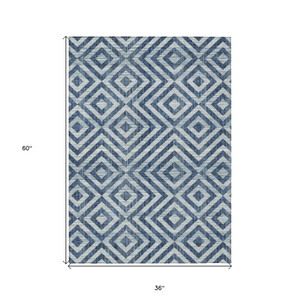 3' X 5' Navy Blue And Ivory Geometric Washable Indoor Outdoor Area Rug - 606114967774