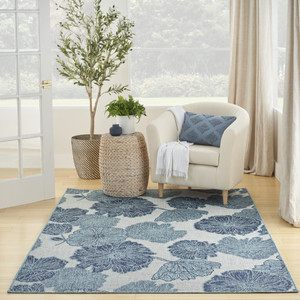 5' X 7' Navy Blue Ivory And Blue Floral Indoor Outdoor Area Rug