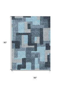 5' X 8' Sky Blue Denim Blue And Gray Geometric Washable Indoor Outdoor Area Rug