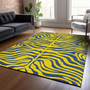 5' X 8' Yellow And Blue Animal Print Washable Indoor Outdoor Area Rug