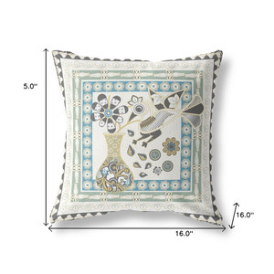 16" x 16" Cream Peacock Blown Seam Floral Indoor Outdoor Throw Pillow Home Accent