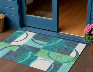 3' X 5' Teal Blue And Green Geometric Washable Indoor Outdoor Area Rug