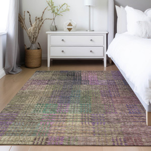 3' X 5' Plum Olive Green And Lavender Abstract Washable Indoor Outdoor Area Rug
