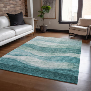 5' X 8' Teal Blue And Aqua Abstract Washable Indoor Outdoor Area Rug Transitional Style - Teal Blue, Aqua Color