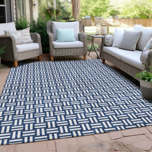 3' X 5' Navy Blue And Ivory Geometric Washable Indoor Outdoor Area Rug - 608219267865