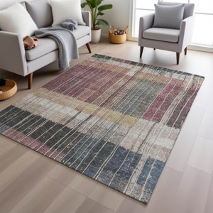 3' X 5' Mauve Blue And Gold Striped Washable Indoor Outdoor Area Rug