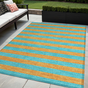 5' X 8' Aqua Striped Washable Non Skid Indoor Outdoor Area Rug - 608219264420