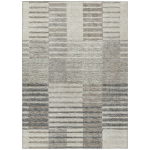5' X 8' Beige Ivory And Taupe Striped Washable Indoor Outdoor Area Rug