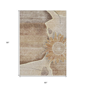 5' X 8' Brown Beige And Taupe Floral Washable Indoor Outdoor Area Rug