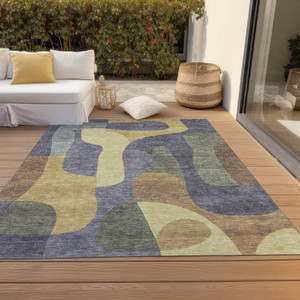 5' X 8' Purple And Gold Abstract Washable Indoor Outdoor Area Rug