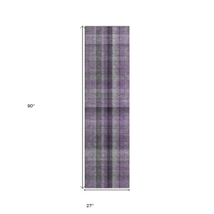 2' X 8' Purple Gray and Black Plaid Washable Non Skid Indoor Outdoor Area Rug
