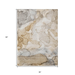 3' X 5' Beige Abstract Washable Non Skid Indoor Outdoor Area Rug - 608219224141