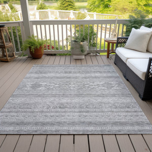 5' X 8' Silver Gray And Ivory Southwestern Washable Indoor Outdoor Area Rug