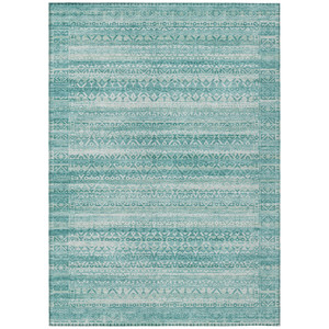 5' X 8' Aqua And Ivory Striped Washable Indoor Outdoor Area Rug