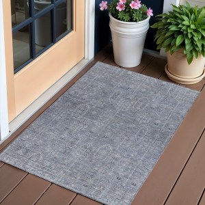 3' X 5' Navy Blue And Gray Southwestern Washable Indoor Outdoor Area Rug