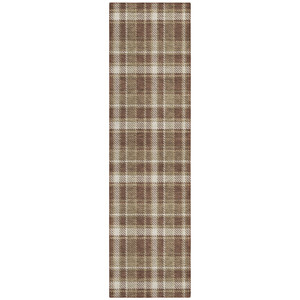8' Runner Chocolate and Ivory Plaid Washable Non Skid Indoor Outdoor Runner Rug