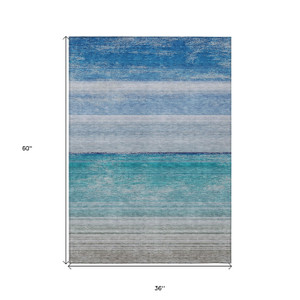 3' X 5' Sky Blue Striped Washable Indoor Outdoor Area Rug - 880016599565