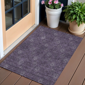 3' X 5' Eggplant And Purple Floral Washable Indoor Outdoor Area Rug