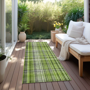 2' X 8' Green Black and Gray Plaid Washable Non Skid Indoor Outdoor Area Rug